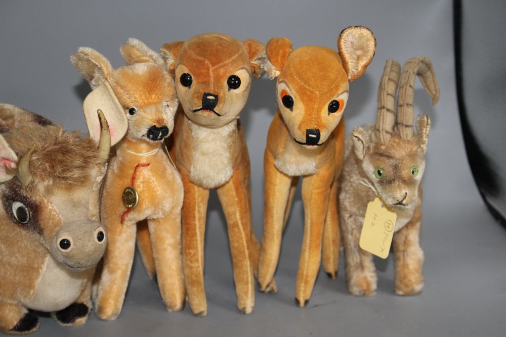 A group of vintage Steiff and other soft toy animals